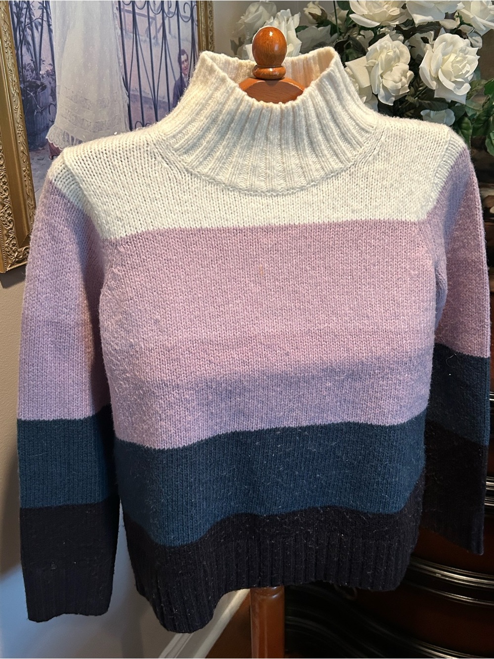 Striped Turtleneck Sweater in Cream, Pink, Teal, and Black Sz XS runs bigger
